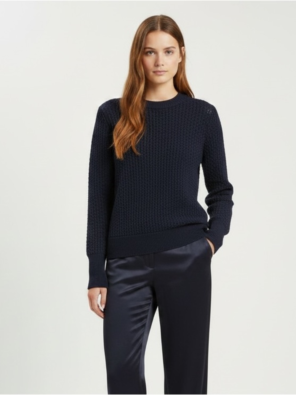 COS navy midnight blue open knit long sleeve crew neck sweater small minimalist